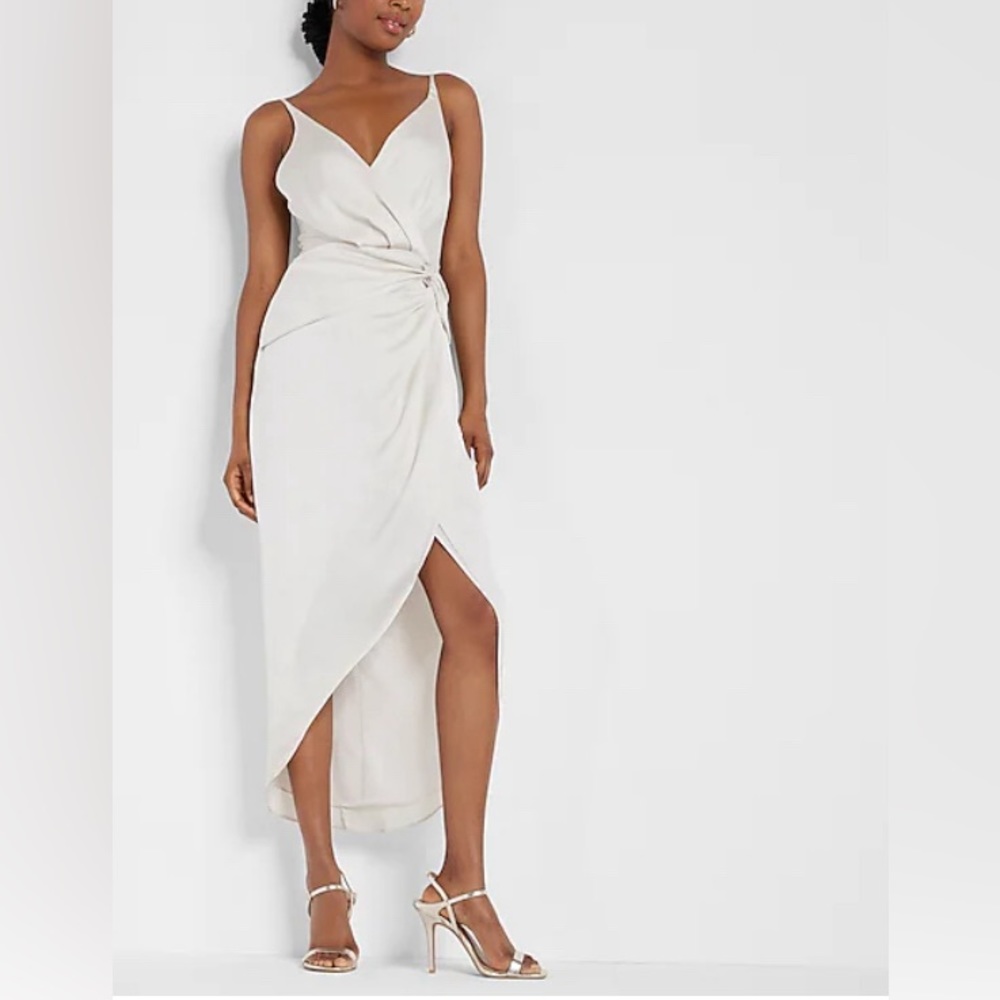 Satin wrap waist tie dress, hi-lo midi dress